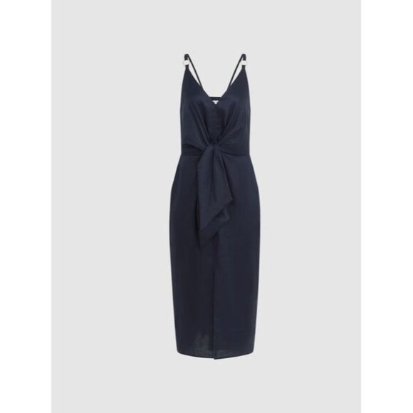 NWT REISS KAY TIE DETAIL NAVY  LINEN MIDI DRESS SIZE 2 - Picture 2 of 12
